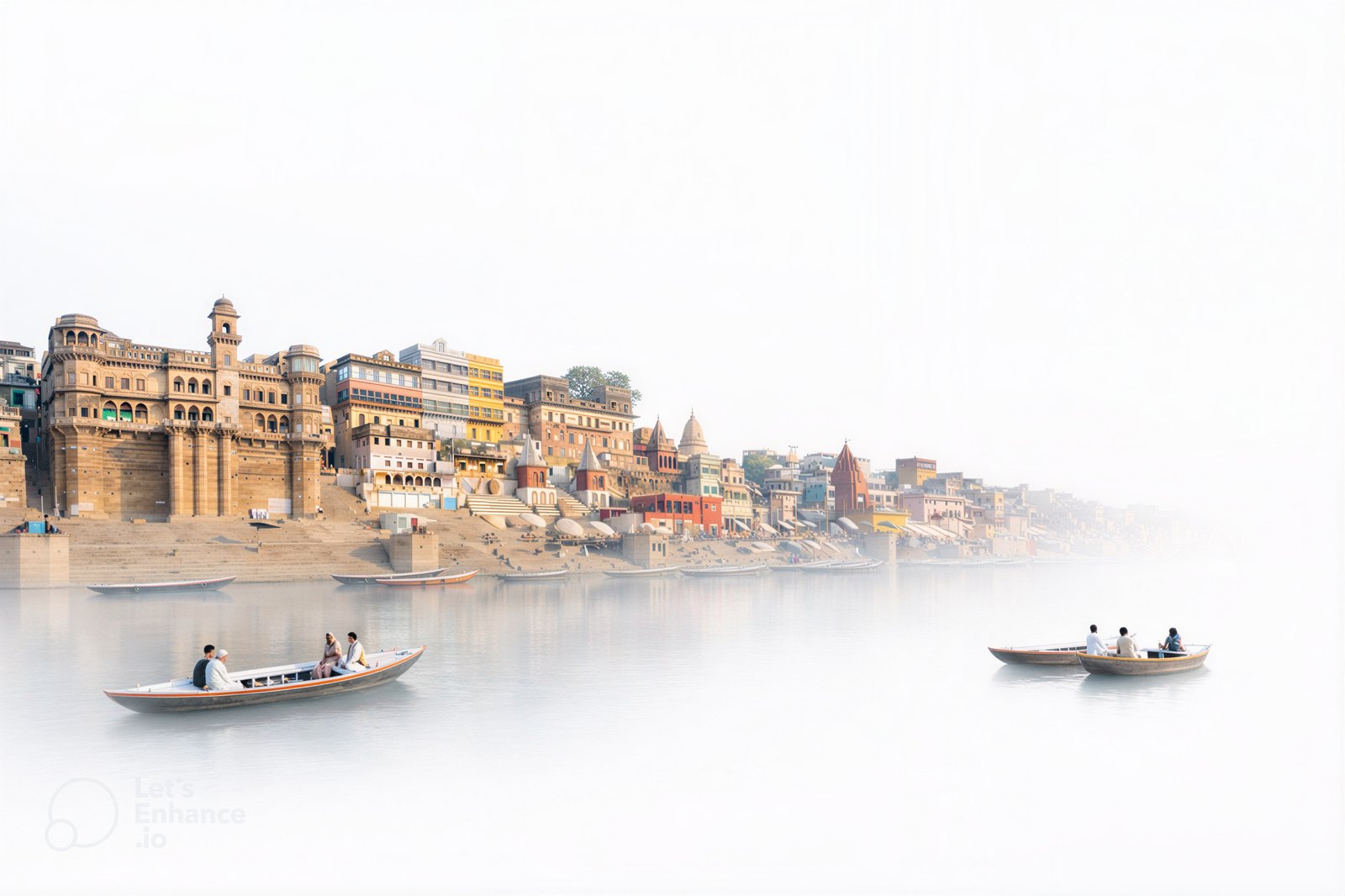 Ghats along the Ganga in India — boats on the river at dawn