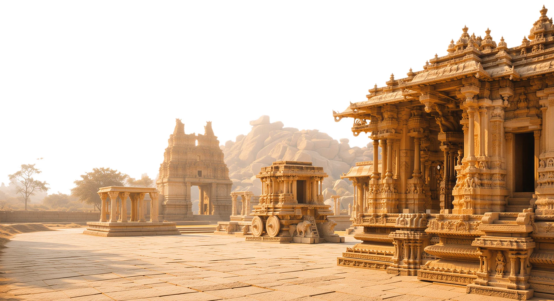 Stone temple ruins and chariot at Hampi in warm evening light.